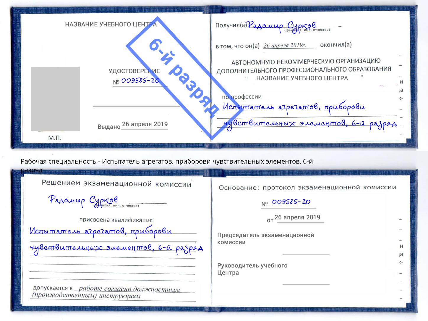 корочка 6-й разряд Испытатель агрегатов, приборови чувствительных элементов Киселёвск