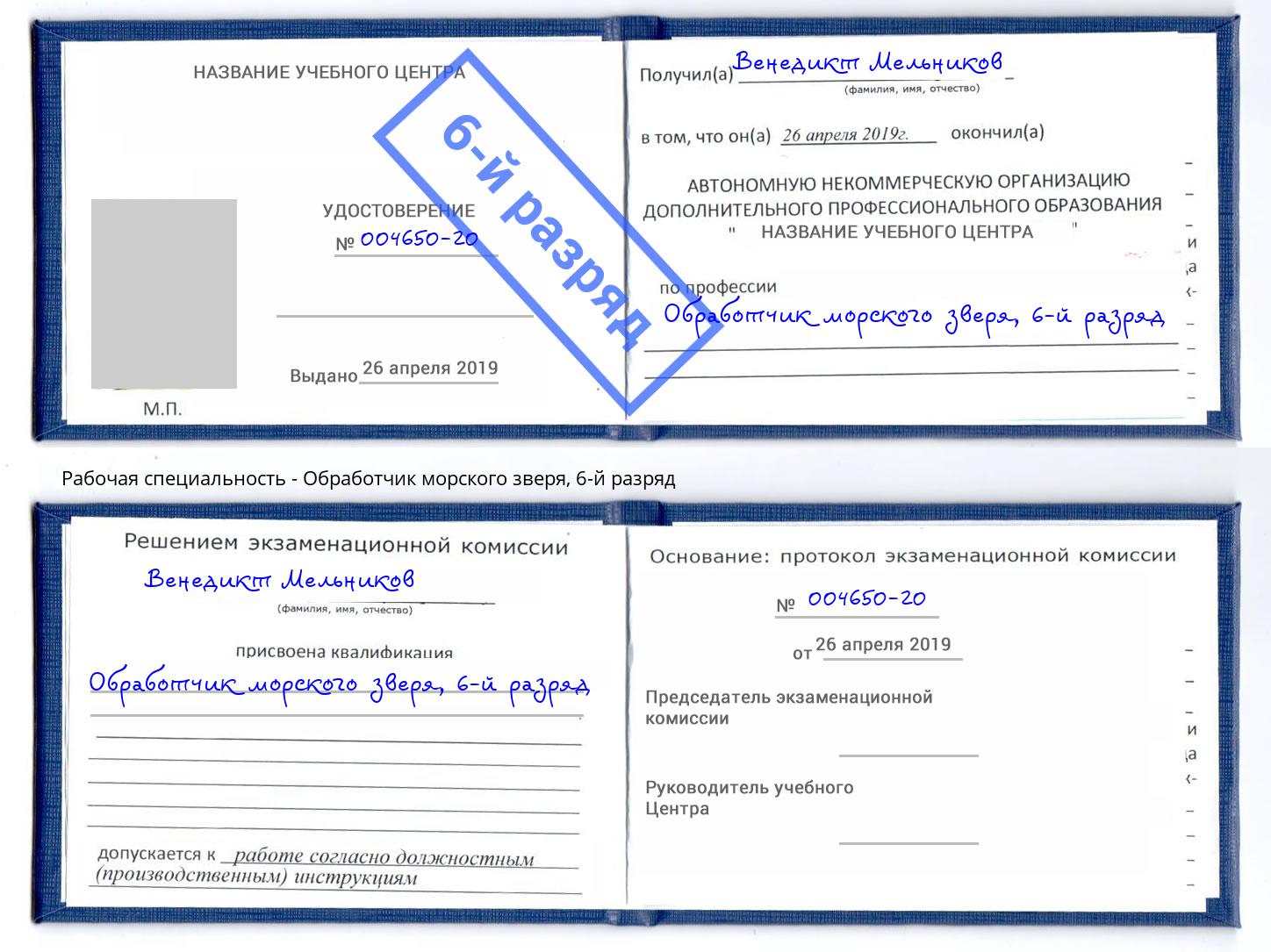 корочка 6-й разряд Обработчик морского зверя Киселёвск