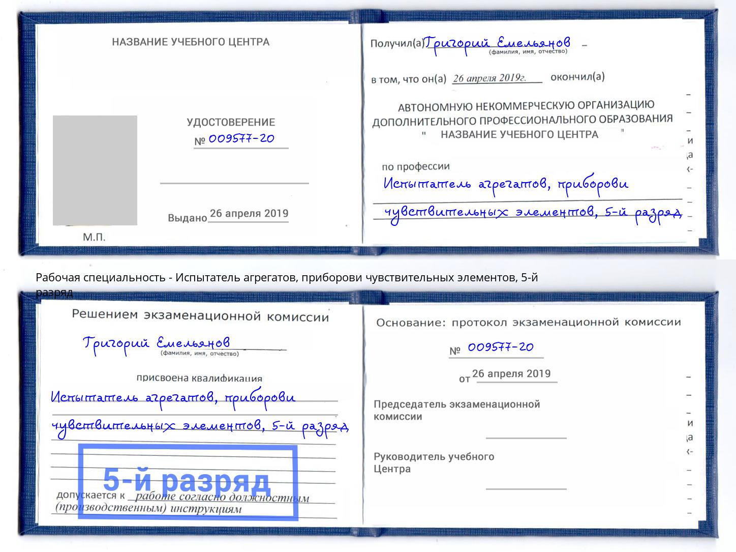 корочка 5-й разряд Испытатель агрегатов, приборови чувствительных элементов Киселёвск