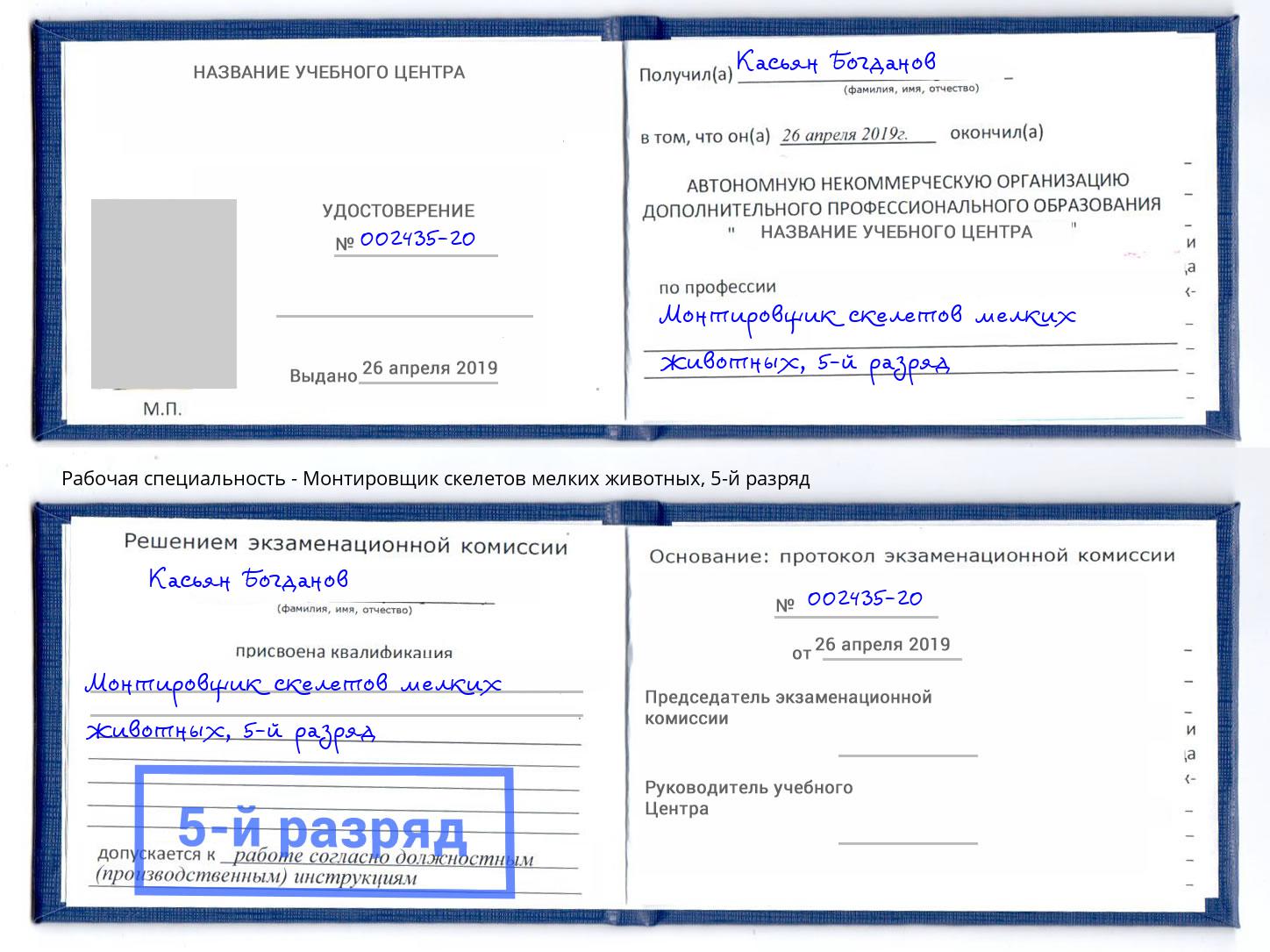 корочка 5-й разряд Монтировщик скелетов мелких животных Киселёвск