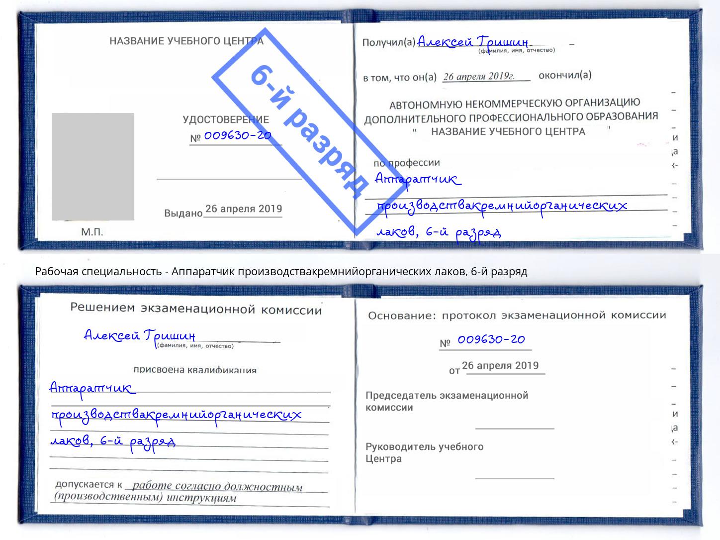 корочка 6-й разряд Аппаратчик производствакремнийорганических лаков Киселёвск