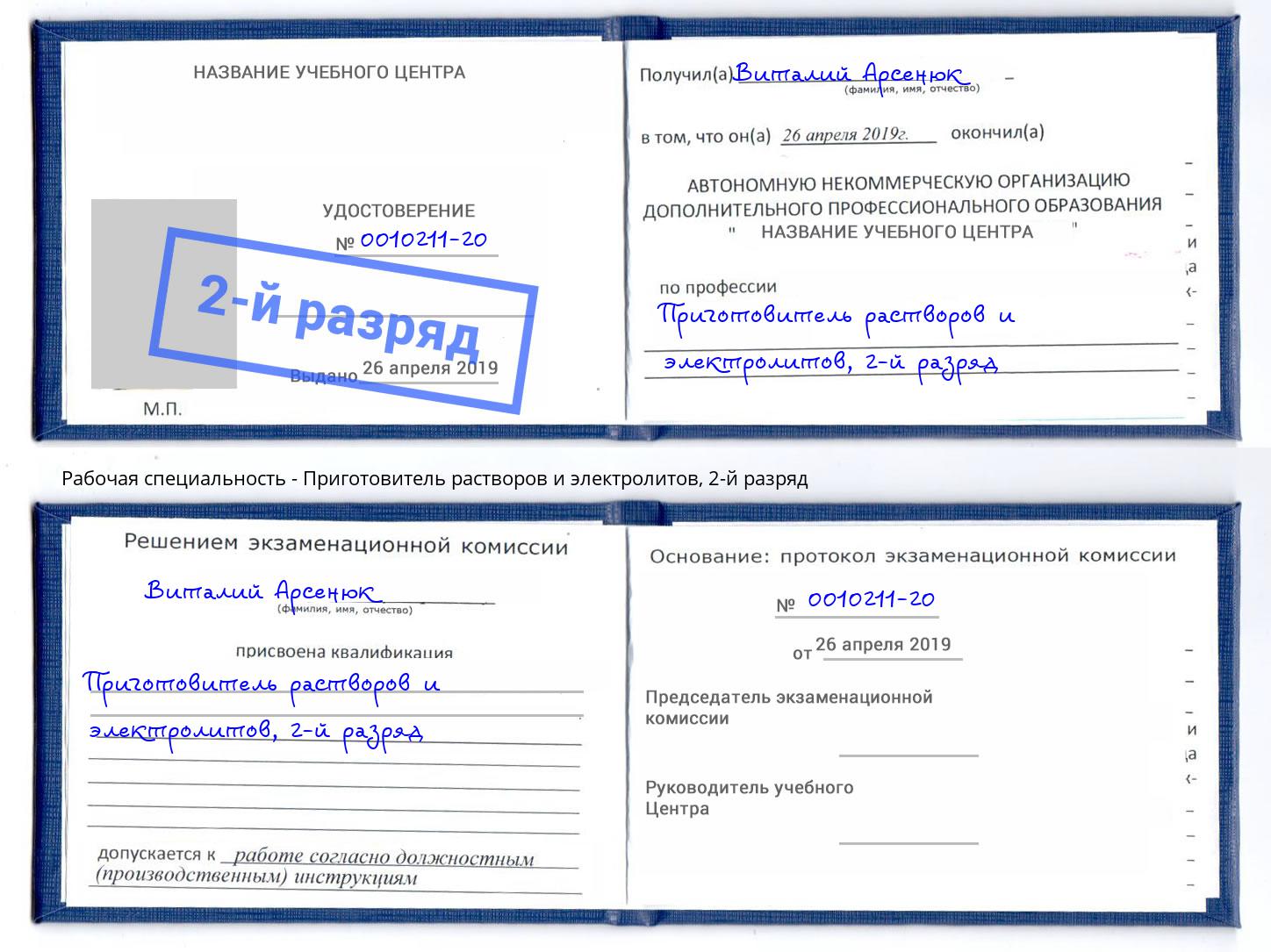 корочка 2-й разряд Приготовитель растворов и электролитов Киселёвск