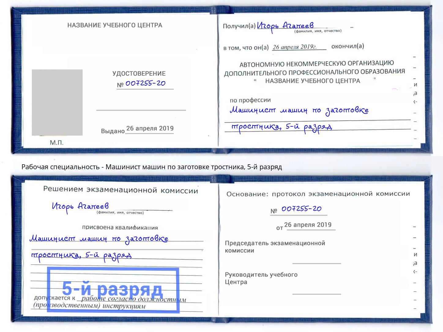 корочка 5-й разряд Машинист машин по заготовке тростника Киселёвск