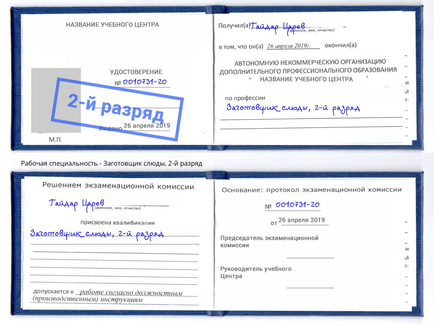 корочка 2-й разряд Заготовщик слюды Киселёвск