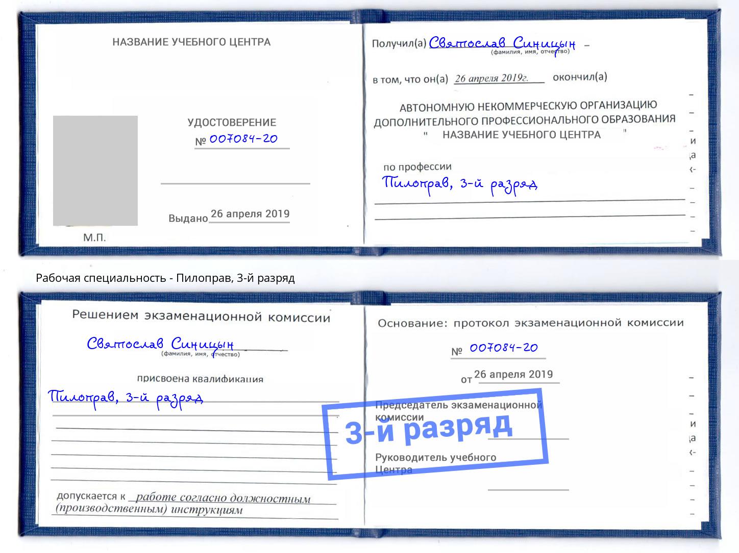 корочка 3-й разряд Пилоправ Киселёвск