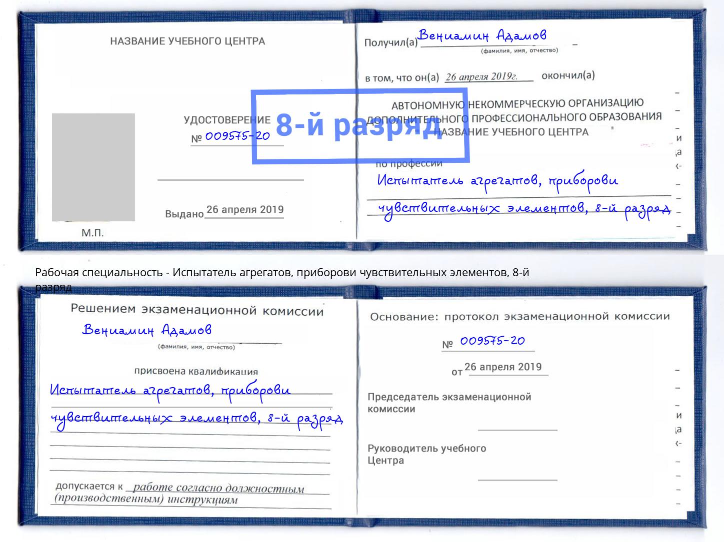 корочка 8-й разряд Испытатель агрегатов, приборови чувствительных элементов Киселёвск